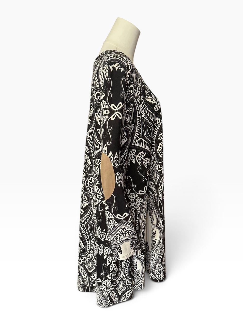 Boho Black & White Long-Sleeve Shift Dress with Elbow Patches - Picture 3 of 6